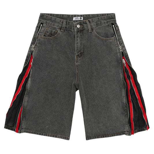 American Retro Black And Red Double Zipper Washed Do The Old Cowboy Shorts