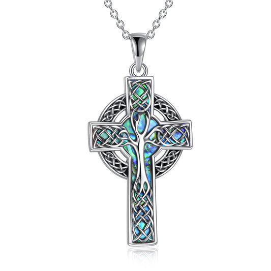 925 Sterling Silver Abalone Celtic Cross Pendant Necklace Jewelry Gifts
