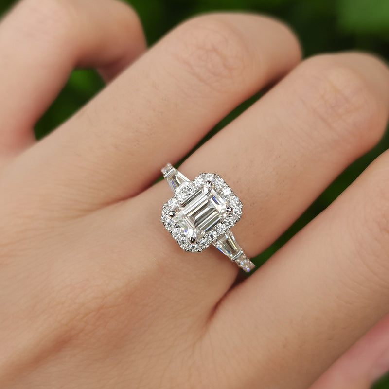 925 Sterling Silver D-color Emerald Cut Moissanite Ring