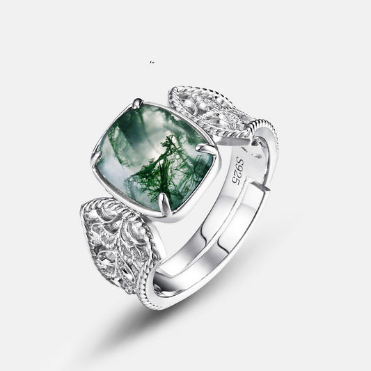 Bague en argent vert mousse, plantes aquatiques femelles, bague en Agate