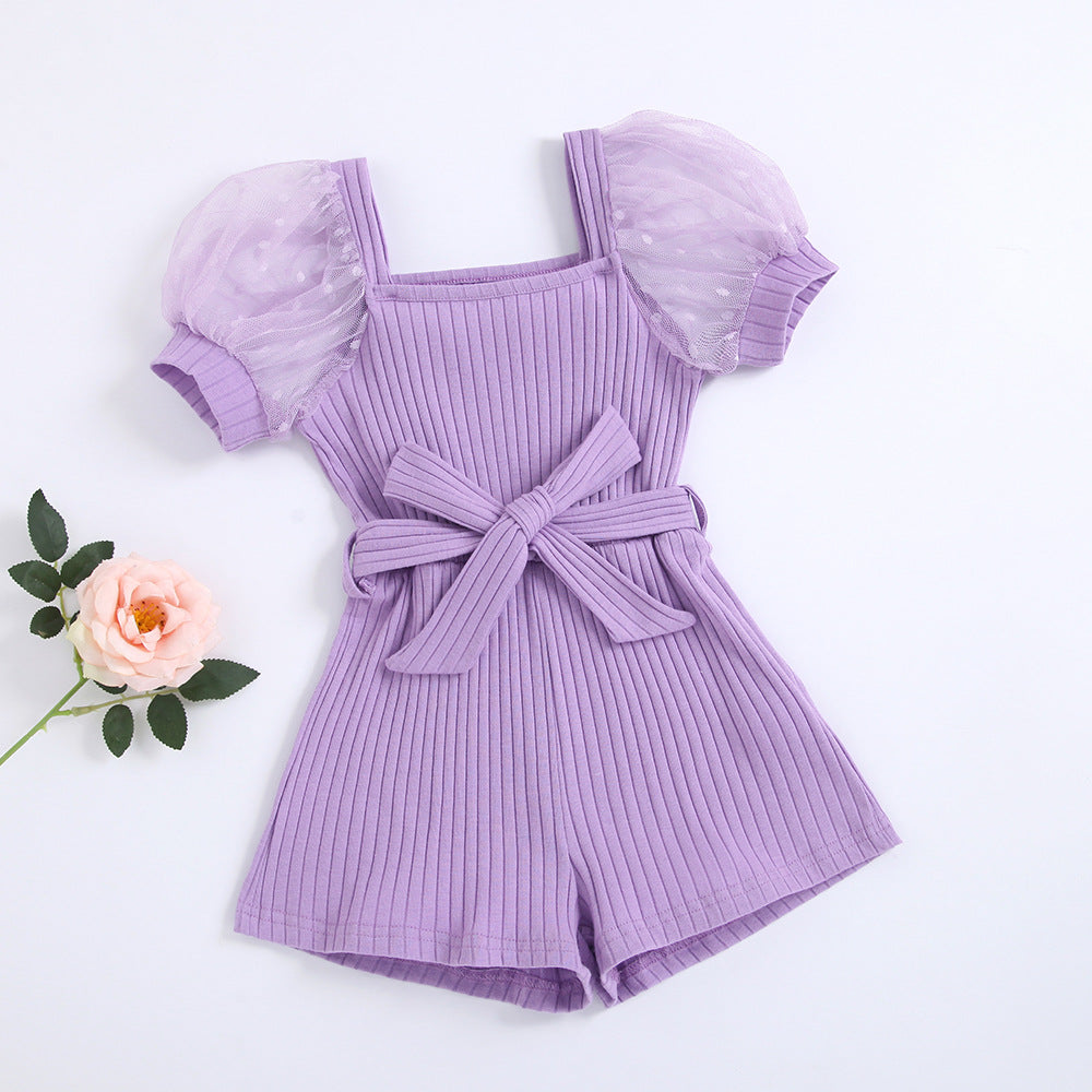 Children's Clothing Girls' Temperament Square Collar Transparent Puff Sleeve Jumpsuit With Belt