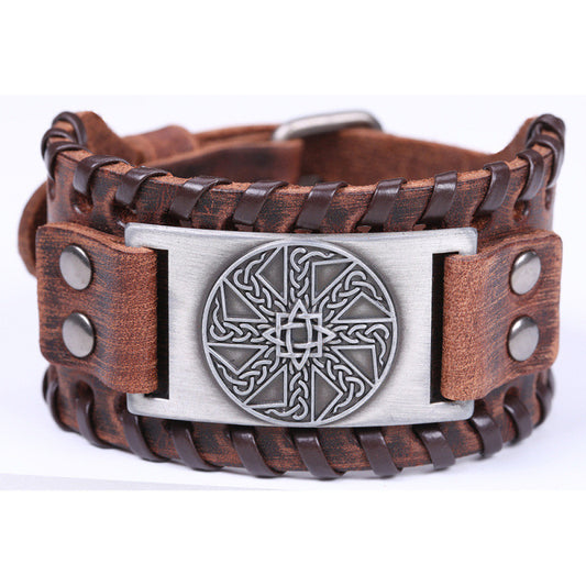 Brown Cowhide Anime Slavic Flower Of Life Symbol Youth Leather Bracelet