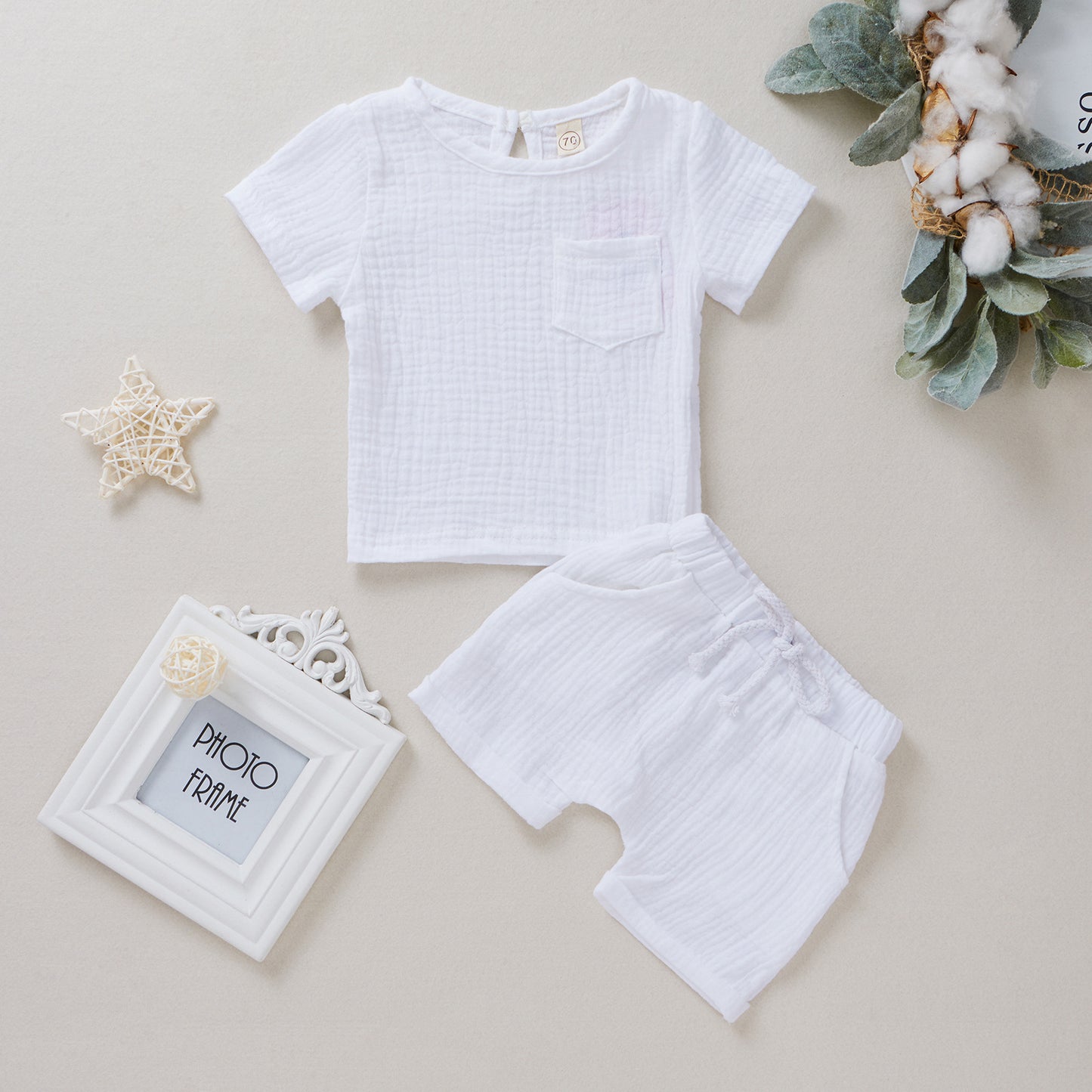 Baby Cotton Double Wrinkle Short Sleeve Shorts Two Piece Set