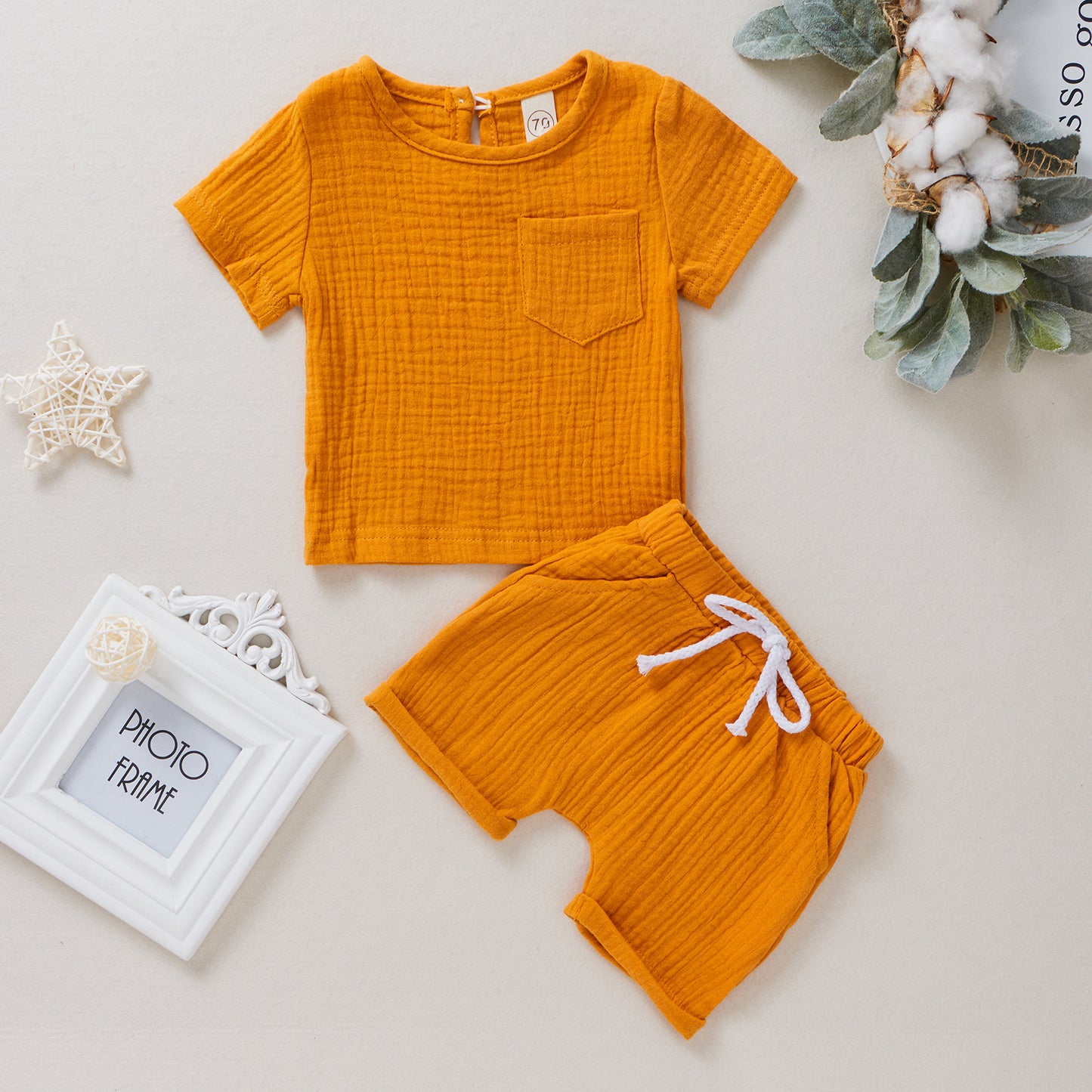 Baby Cotton Double Wrinkle Short Sleeve Shorts Two Piece Set