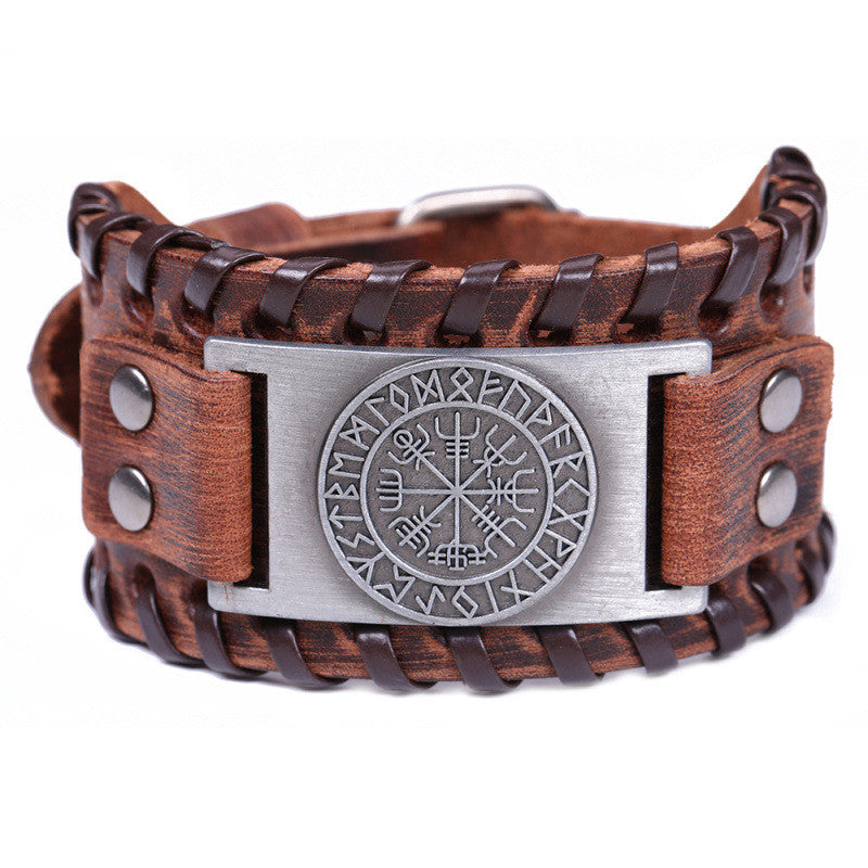 Brown Cowhide Anime Slavic Flower Of Life Symbol Youth Leather Bracelet