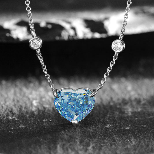 Argent sterling S925 Zircon en forme de coeur bleu océan