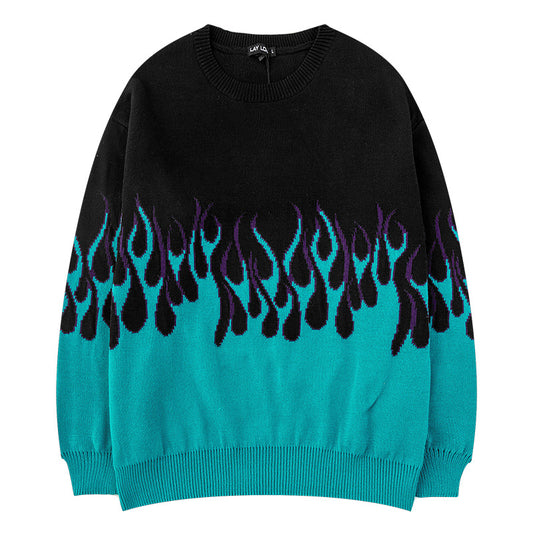 Pull en tricot ample imprimé flamme pour hommes