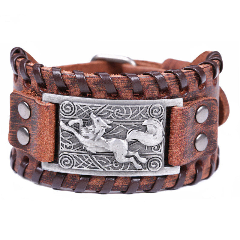 Brown Cowhide Anime Slavic Flower Of Life Symbol Youth Leather Bracelet