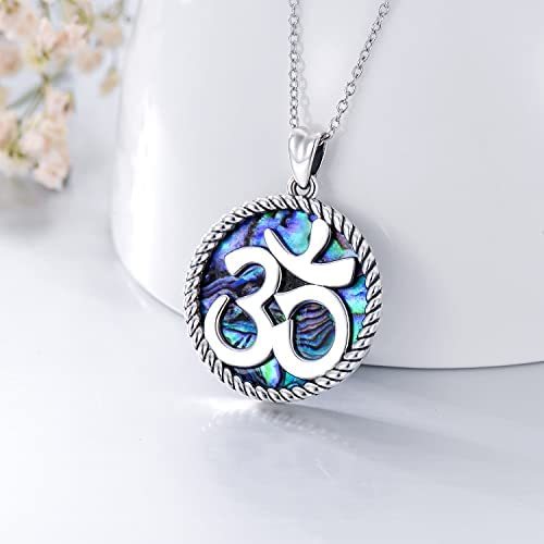 Yoga en argent sterling 925 avec coquille d'ormeau Yoga indien Aum Om Ohm Symbole Pendentif Collier Bijoux