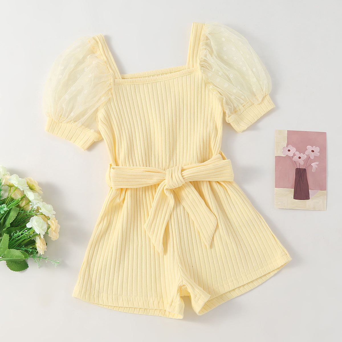 Children's Clothing Girls' Temperament Square Collar Transparent Puff Sleeve Jumpsuit With Belt