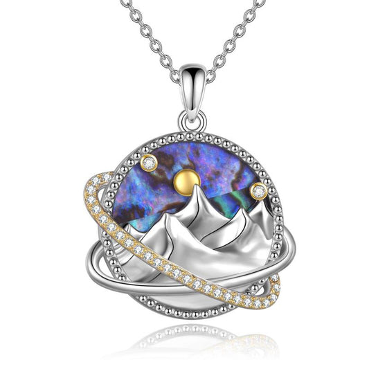 Collier pendentif univers planète soleil montagne en argent sterling, coquille d'ormeau, bijoux en zircone cubique